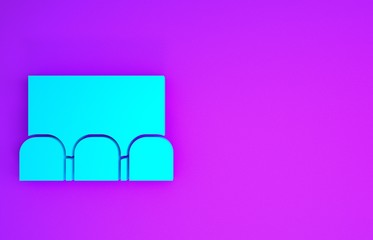 Sticker - Blue Cinema auditorium with screen and seats icon isolated on purple background. Minimalism concept. 3d illustration 3D render