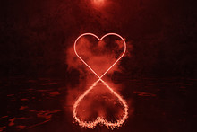 3d Rendering Of Red Lighten Heart Shape With Light Spot In Front Of Grunge Wall Background And Wet Glossy Floor