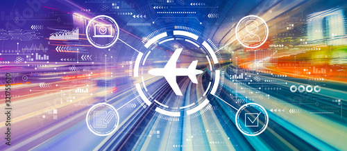 Cuadros en Lienzo Flight ticket booking concept with abstract high speed technology POV motion blu