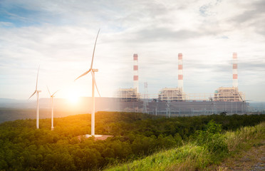 Wall Mural - Clean energy from wind turbines and power plant background