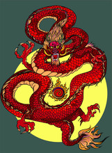 Hand Drawn Red Dragon Vector Printing.Japanese Old Dragon For Tattoo. Traditional Asian Tattoo The Old Dragon Vector.Dragon Is Symbol Of Power