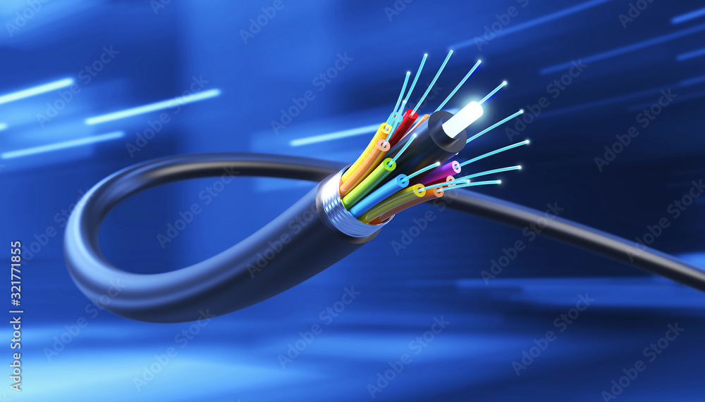 Connection of Optical fiber cable, technology background, 3d illustration. - obrazy, fototapety, plakaty 