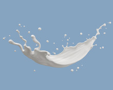 Milk Or White Liquid Splash On Blue Background, 3d Illustration.