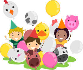 Wall Mural - Stickman Kids Farm Animal Balloons Illustration