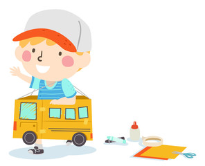 Canvas Print - Kid Boy Play Box Bus Craft Illustration