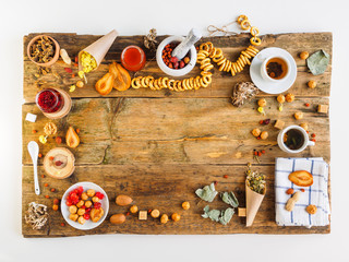 Russian tea ceremony on an old table. White background and space for text