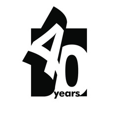 Isolated abstract logo 40 years. In the form of an open book, magazine. Happy greeting card for the 40 th birthday. Black color writing on white background.