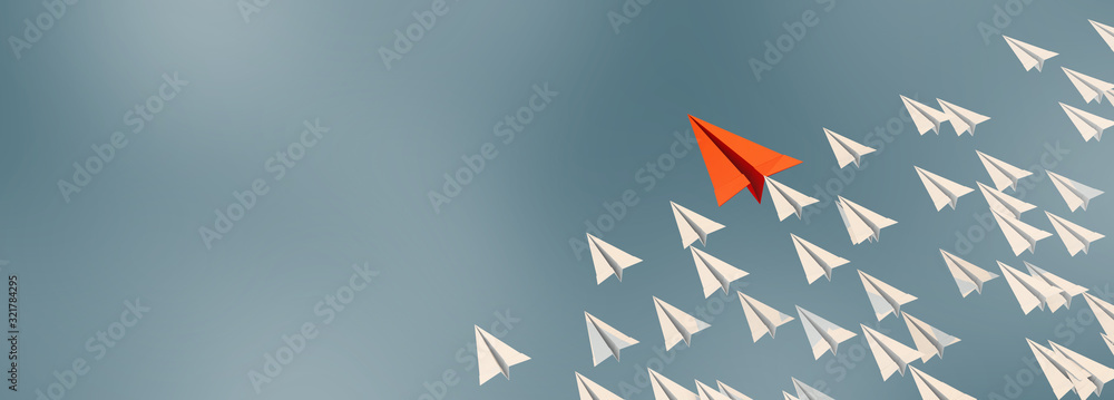 3D illustration of leadership success business concept rocket paper fly over color background lead rocket stand out of other paper rocket follower - obrazy, fototapety, plakaty 