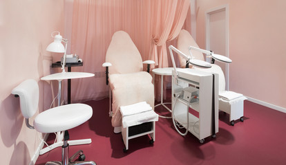 Light studio, beauty salon interior, pedicure places with tools