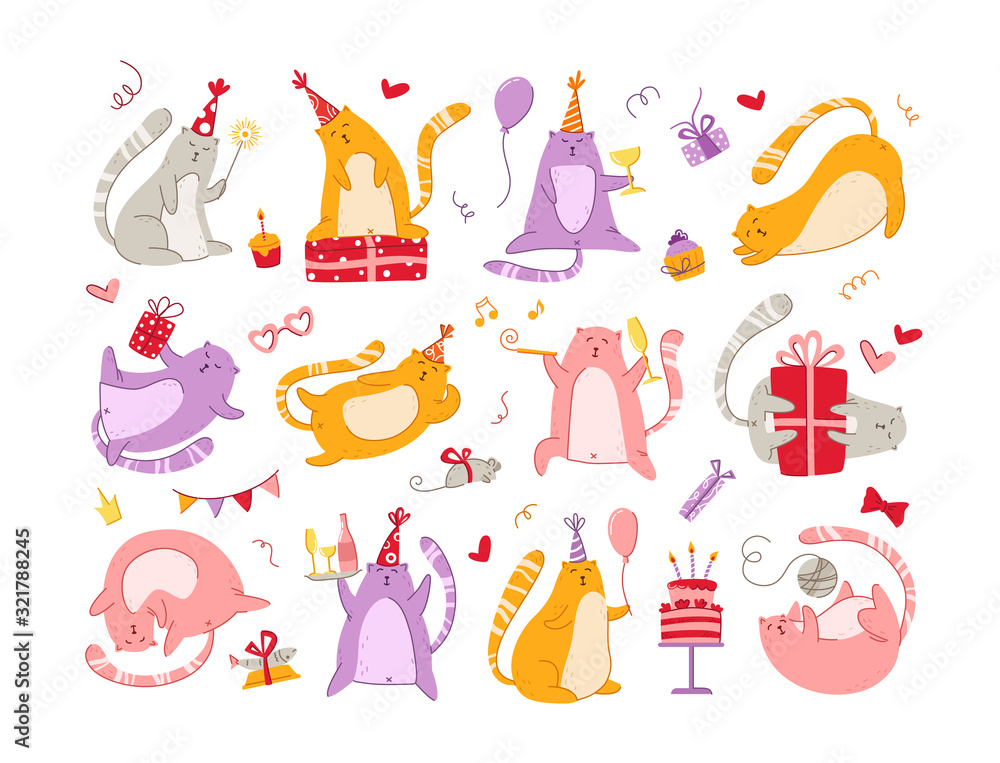 Cats birthday party set - funny kitten in festive hat, gift boxes and ...