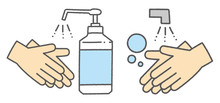 手洗い　アルコール消毒　アイコン　セット