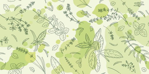 hand drawn sketch with herbs and plants. seamless pattern.