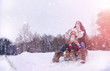 © alexkich - A winter fairy tale, a young mother and her daughter. A girl on a sled with gifts on the eve of the new year in the park. Two sisters walk in a New Year's park and ride a sled with gifts.