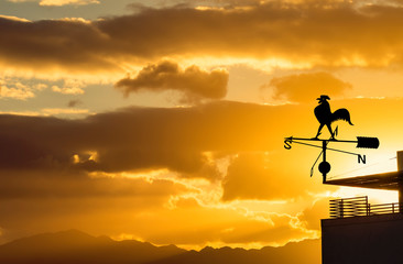 silhouette of weather vane for wind direction, decorative metallic rooster at colorful dawn. no ai t