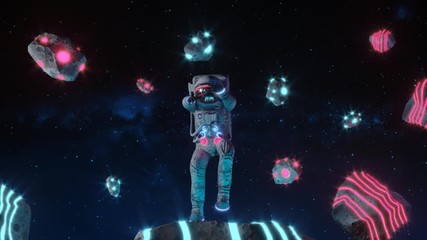 Wall Mural - Funny Dancing Astronaut With Neon Light Asteroids In Space. Space Background. Retro Dance Party. Seamless Loop