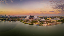 Kallang River Overlooking At The Stadium And Singapore Skyline During Sunset