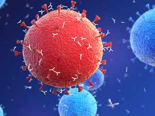 Antibodies attacking virus cells of flu. Concept illustration, 3d render.