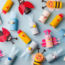 Happy Easter Kindergarten Decoration Concept - Rabbit, Chicken, Egg, Bee From Toilet Paper Roll Tube. Simple Diy Creative Idea. Eco-friendly Reuse Recycle Decor, Daycare Paper Craft