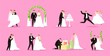 Newlywed, just married couple, bride and groom vector illustration wedding, marriage set. Happy newlywed family man and woman celebrate, dance, kiss, eat cake and make out gifts. Swing, arch, flowers.