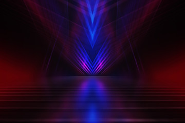 Abstract dark background of empty scene with ultraviolet light. Neon light figures in the center of the stage.