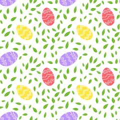 Sticker - Seamless vector pattern. Painted Easter eggs with leaves, branches and flowers. Design for wrapping paper, card or textile. Objects are drawn by hand on a white background