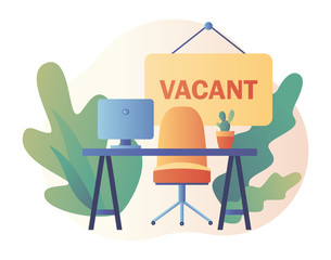 Wall Mural - We are Hiring. Recruitment and headhunting agency. Vacant job position. Workplace, workspace with no people. Jobs concept. Modern flat cartoon style. Vector illustration on white background