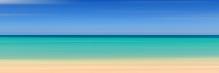 Panoramic view of the sandy beach of the sea, blurred summer background. Blue sky, sea and yellow sand.