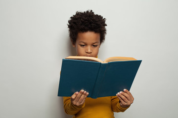 Wall Mural - Serious black kid boy reading a book on white background