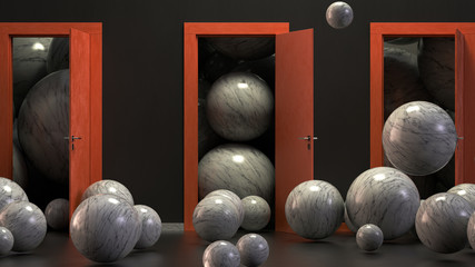 Wall Mural - 3d render the modern orange wooden three doors wide open in the black wall with random marble spheres around.