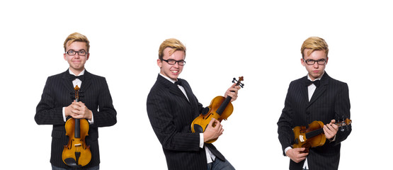 Wall Mural - Young musician with violin isolated on white