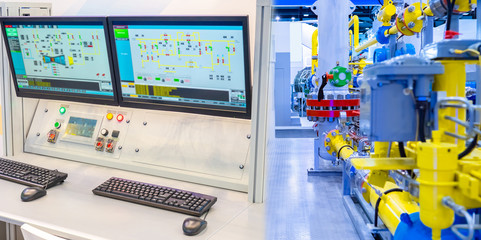 Control panel of an industrial enterprise. The monitors provide information about the operation of all devices in the enterprise. Control of systems functioning.