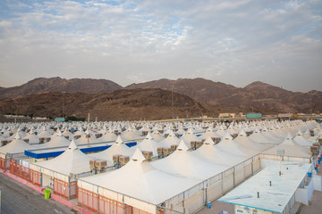 Makkah, Saudi Arabia: Landscape of Mina, City of Tents, the area for hajj pilgrims to camp during jamrah 'stoning of the devil' ritual 