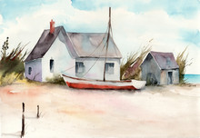 Watercolor Illustration Of  A House And A Boat On A Sandy Beach With Some Trees And Blue Sea On  The Background