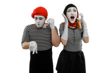 Mimes Talking On The Phone. Man Dials A Woman's Number