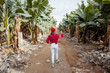 © rh2010 - Woman as a tourist or farmer dressed casually in red and white walking between banana rows at the plantation. Concept of a green tourism or exotic fruits growing