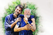 © Watercolor_Concept - Abstract colorful family time dad and son talking discussion lifestyle in garden home on watercolor illustration painting background.