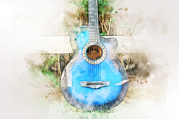 Abstract colorful acoustic guitar on watercolor illustration painting background.