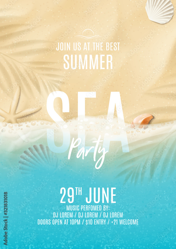 Summer sea party poster template. Vector illustration with top view on ocean scene with seashells, soft waves and plant's shadows. Invitation to nightclub. - obrazy, fototapety, plakaty 