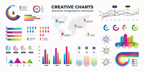 Poster - Graphs and charts. Business statistics for data and finance analysis, collection of information visualization. Vector schemes diagrams and bar charts set circular and column type