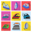 © Svitlana - Electric steam iron vector icon.Illustration of isolated flat icon home hot press for clothes. Vector illustration laundry appliance for clothes.Isolated flat set of electric hot home iron.