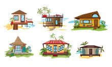 Set Of Different Styles Villa On The Ocean Beach In Paradise. Vector Illustration In Flat Cartoon Style