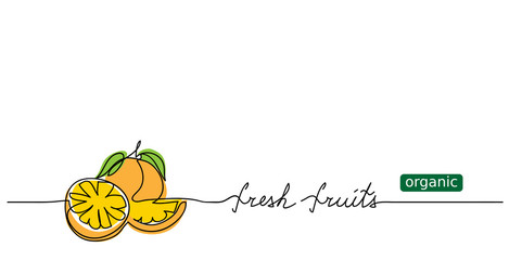 Wall Mural - Orange, citrus sketch. Organic fresh fruits lettering. Vector design for web banner, background, juice label design. One continuous line drawing, vector illustration. 