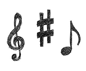 Wall Mural - hand drawn music clef, note and sharp symbols doodles isolated on white