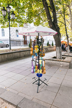 Stand With Small Decorated Guitars For Sale On The Shota Rustaveli Ave In Tbilisi City In Georgia