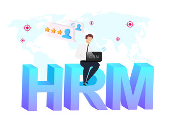 Wall Mural - human resource management flat concept vector illustration. businessman sitting on word 2d cartoon c