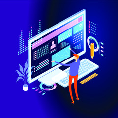 Wall Mural - WORKING PROCESS concept. business man with desktop computer vector illustration design. 3d isometric vector illustration.