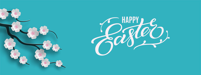 Happy Easter banner. Holiday concept design for greeting card, banner, poster, flyer, web. Happy Easter calligraphy lettering text, floral blue background. Paper cut out art style, vector illustration