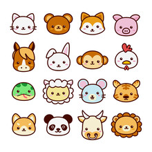 Set Of Cute And Kawaii 16 Animal Signs. Flat Cartoon Vector Isolated On White Background.
