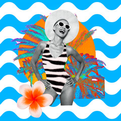 Contemporary art collage.  Vacation beach dreaming Girl. Summer tropical mood. Magazine clipping