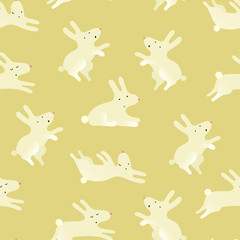  Cute seamless pattern with cute bunnyes in different poses on  the yellow background . Funny  print  with rabbits for textiles, wallpapers, designer paper, etc